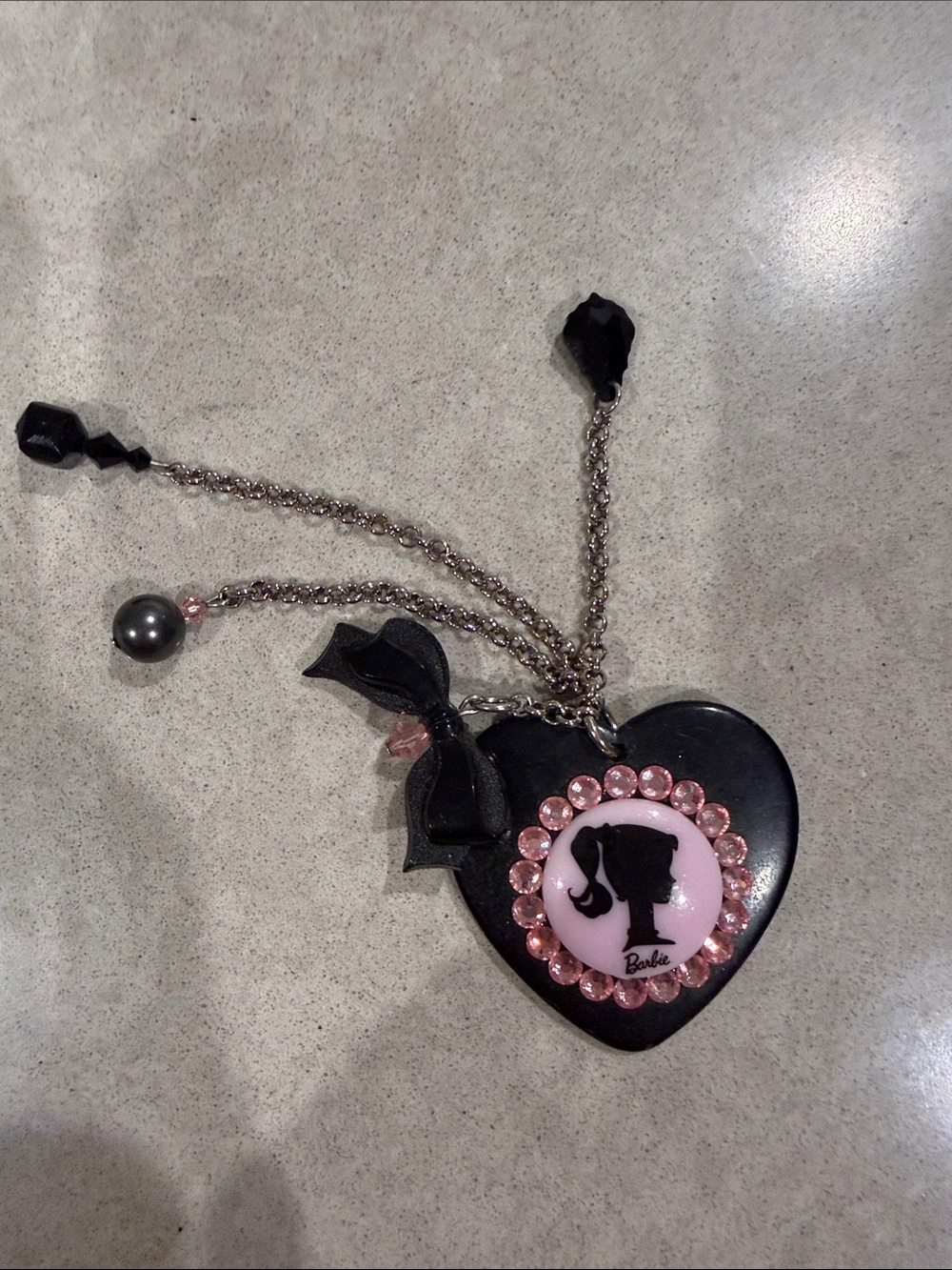Classic Black Silhouette Barbie Black and Pink Heart Pendant Necklace with Bow